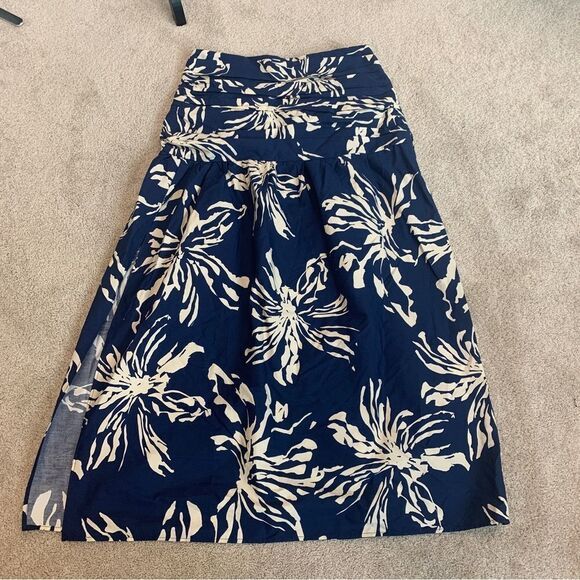 Zara navy long printed high waisted pleated side slit skirt Sz M NWT - Picture 4 of 9